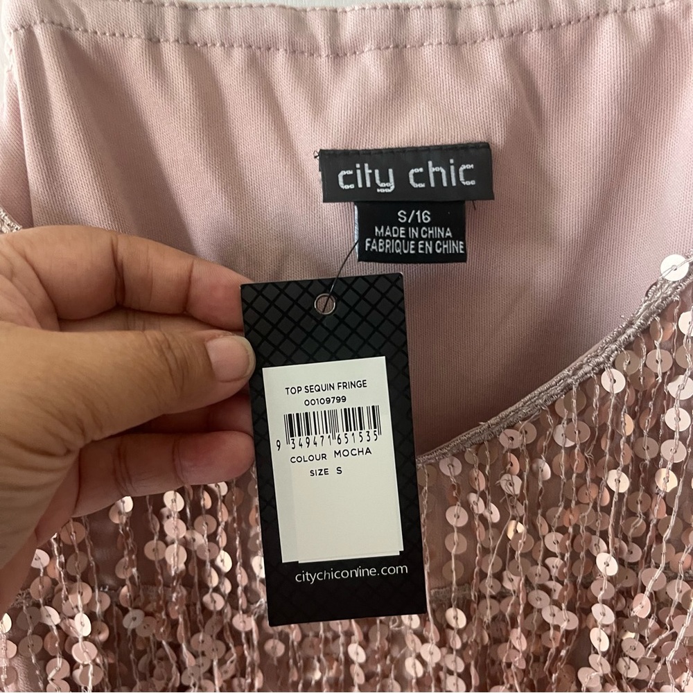 City Chic Sequined Fringe Chiffon Spaghetti Strap Top Mocha Size 16 - Picture 4 of 7